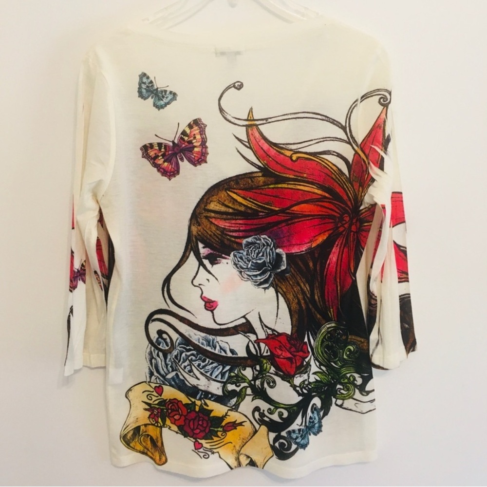 Cache Vintage Y2K Butterfly Rose Woman Graphic Burnout Tattoo V-neck Top Shirt - Picture 7 of 12